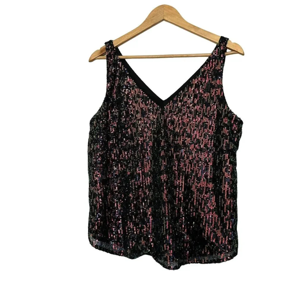 Loft Women's Blouse Top Size M Black Sequin 100% Polyester Sleeveless V-Neck NEW